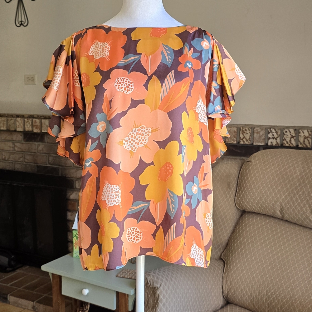 Floral Flutter Sleeve Blouse – Bright Orange Yellow Retro Print